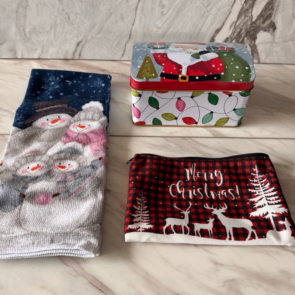Festive Christmas Gift Tin Set w/ Pouch & Snowman Towel – Holiday Storage Decor